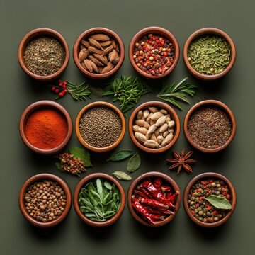Assorted spices and herbs in small clay bowls with fresh herbs and dried chili peppers on a green background for culinary flavo and seasoning display