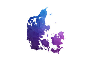 Denmark Map - Polygon Style Vector Illustration in Blue and Purple Gradient, Low Poly Geometric Design, Isolated on White Background, Ideal for Infographics and Learning Materials. © Whatever
