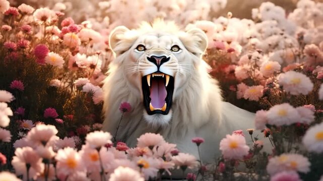 Majestic Lion in Colorful Wildflowers Field

