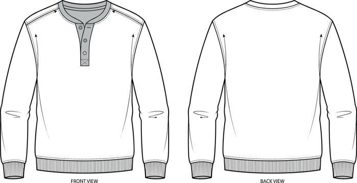 Technical fashion flat sketch of a men's long sleeve henley sweatshirt featuring a three-button placket and ribbed cuffs viewed from front and back.