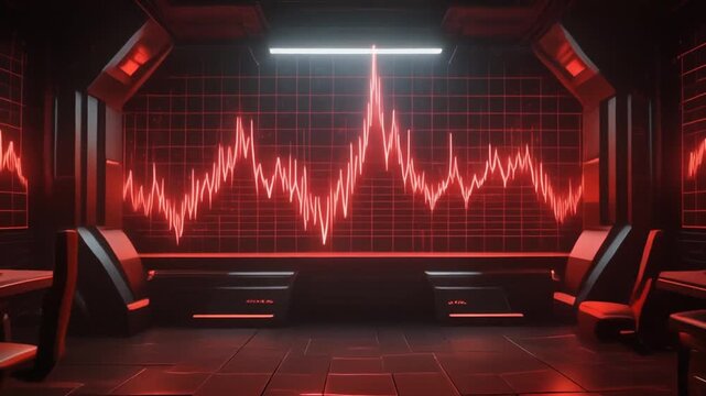 Futuristic trading room with red graph display and sleek chairs.