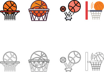 Mega Basketball Icon Bundle Featuring Professional Players, Slam Dunk Action, Dribbling, Teamwork, Flaming Ball and Equipment in Flat and Line Art Style © Md