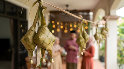 Vibrant traditional Malaysian ketupat hanging with golden bells