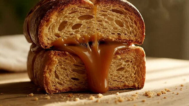 Close up of bread being filled with caramel in studio or Macro of bread halves being filled with sauce in studio