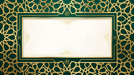 Obraz premium Elegant gold and green Islamic geometric pattern with empty white space