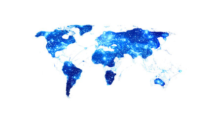 A glowing blue map of the world at night, showcasing city lights and global connections on a black background.
