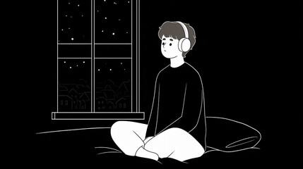 Relaxing nighttime listening session bedroom digital art cozy environment side view calm concept