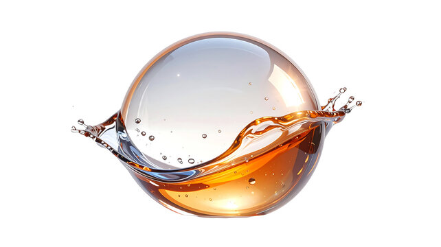 A clear sphere of liquid with a swirl of amber-colored fluid inside, set against a black background