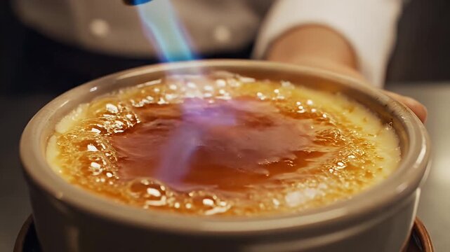 Cr&egrave;me br&ucirc;l&eacute;e Torching Close-Up - A close-up shot shows the top of a creme br&ucirc;l&eacute;e being torched by a person wearing white. The sugar on top is caramelizing with the flames.