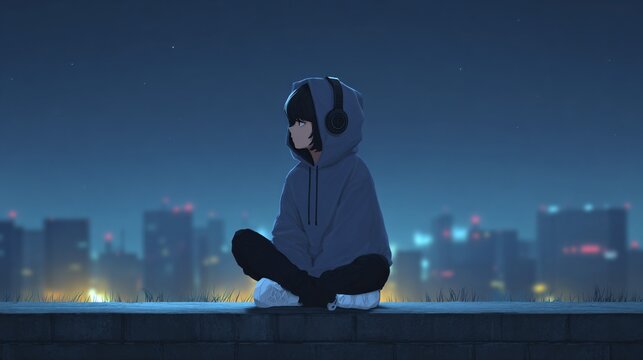 Nighttime contemplation of a young person in a cityscape anime art urban environment thoughtful perspective