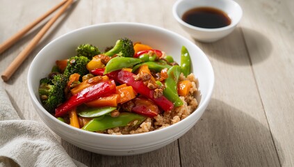 Vegetable stir-fry with brown rice, colorful mixed vegetables saut&eacute;ed to crisp tenderness, served warm with clean healthy presentation for wholesome plant-based meal visuals