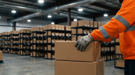 Warehouse worker handling cardboard boxes in storage facility