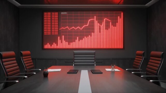 Modern conference room with large red graph display on wall.