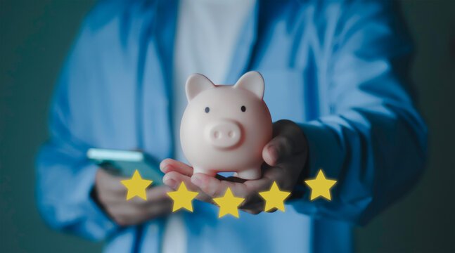 trusted financial service and high performance savings system, concept of customer satisfaction and premium banking quality. Businessman holding piggy bank with five star rating icons overlay.