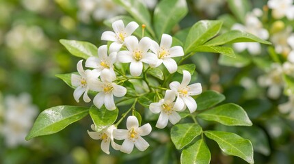 Whiteorange blossoms on a flowering tree branch