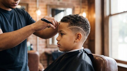 Young boy getting haircut from barber in shop