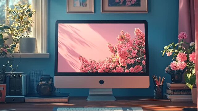 Bright workspace with computer and floral background