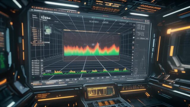 Futuristic control room with advanced computer interface and data visualization.