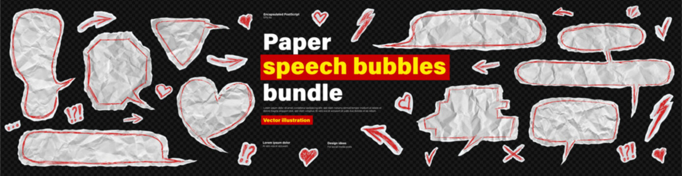Rough empty memo page sticker, collage idea sheet scribble underline red lines on like transparent png bg. Crumpled paper speech bubble cloud bundle kit. Teenager rock punk chat balloon text box set.