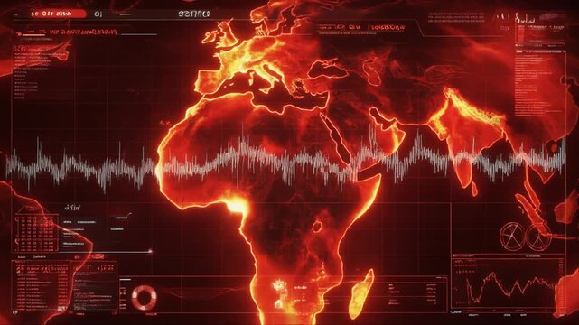 Glowing red map of Africa on a dark futuristic screen with graphs and charts.