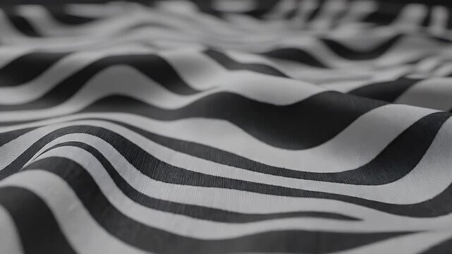 Wavy Black and White Pattern Fabric - A close-up shows wavy fabric with a black and white striped pattern. The material has a soft, flowing texture that creates a dynamic visual effect.