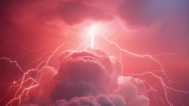 Fiery Lightning Strikes Through Red Storm Clouds Dramatic Electrical Discharge Stock Footage