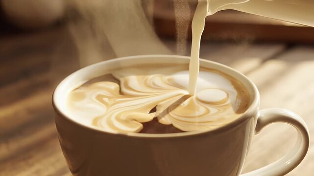 Cream Pouring into Hot Coffee - A close-up shows cream being poured into a hot mug of coffee, creating a swirling pattern on the surface. Steam rises gently, indicating the drink's warmth.