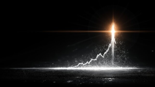 Ascending financial chart line constructed from glowing white particles breaks through ceiling with explosive golden light burst symbolizing breakthrough success and rapid market growth in digital 