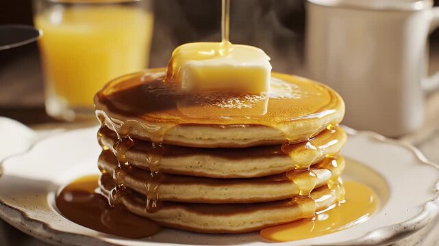 Stack of Pancakes with Butter and Syrup - This video shows a stack of four pancakes topped with a square of butter and drizzled with syrup.