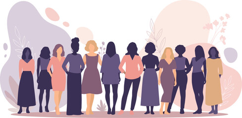Obraz premium A vibrant illustration celebrating the collective strength, unity, and empowerment of a diverse group of women standing together as a supportive community