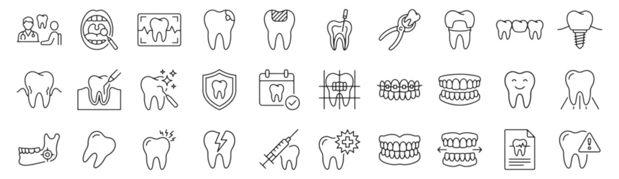 Dentistry services line icon set. Dental consultation, oral examination, xray review, filling root canal, extraction, bridge, implant, braces, denture outline vector illustrations.