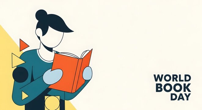 World book day illustration of a woman reading a book