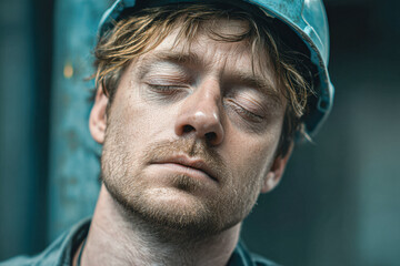 Fototapeta premium A tired male worker wearing a blue hard hat, eyes closed, showing exhaustion and stress from manual labor.