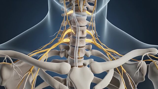 Cervical Spine Anatomy Illustration - An anatomical illustration shows the cervical spine with its vertebrae, spinal cord, and nerve roots.