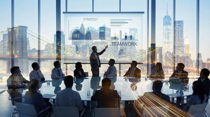 Plakat Business team collaborating in modern office with city view