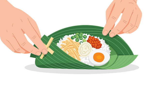 Hands Wrapping Traditional Nasi Timbel in Banana Leaf with Egg and Sambal, traditional west java Indonesia food