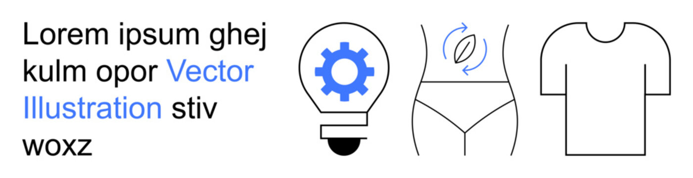 Innovation, fitness, clothing design, creative solutions, automation, technology. Lightbulb with gear, arrows at waist and t-shirt in black outline. Innovation and fitness