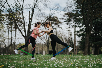Two women exercise outdoors using resistance bands in a park. Friends train together in a sunny, open space.