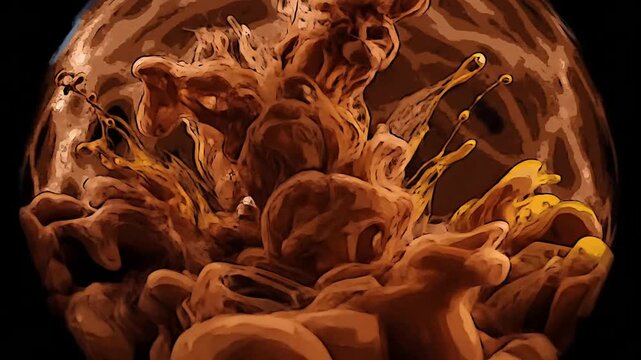 Close up of brown liquid swirling in darkness or Macro shot of brown liquid movement in darkness