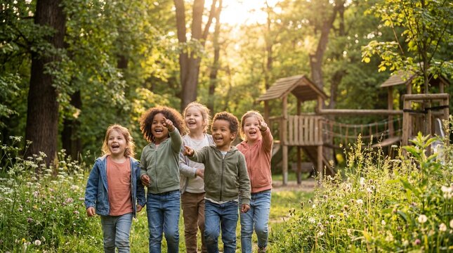 Happy Kids Exploring Nature professional high quality stock image