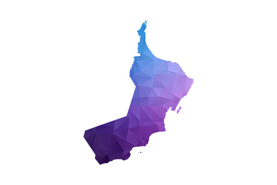 Oman Map - Polygon Style Vector Illustration in Blue and Purple Gradient, Low Poly Geometric Design, Isolated on White Background, Ideal for Infographics and Learning Materials.