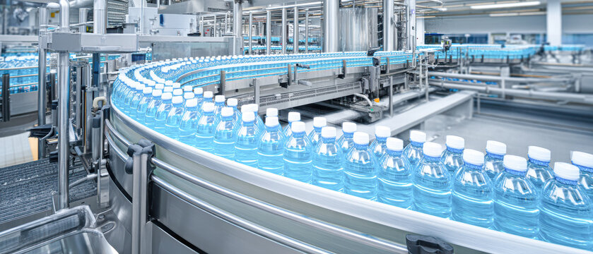 Automated conveyor system transporting rows of bottled water in a modern industrial bottling plant.