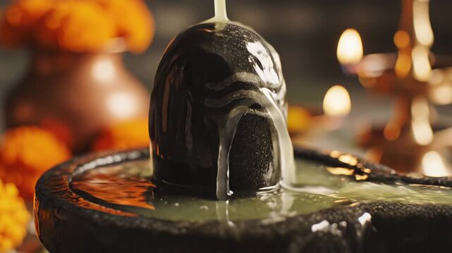Sacred Shiva Lingam Ritual Bath with Ghee and Marigold Flowers in Warm Candlelight