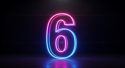 Neon Number Six on Dark Background.