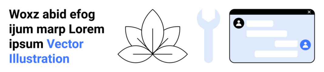 Obraz premium Wellness, digital tools, customer support, repair services, floral theme, user interface. Minimalistic lotus, wrench icon and chat window. Wellness and digital tools concept