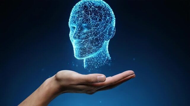 A hand supports a glowing, wireframe human head against a dark blue background