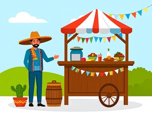 Obraz premium Illustration man in sombrero by food stall, with bunting, offering food on a bright day