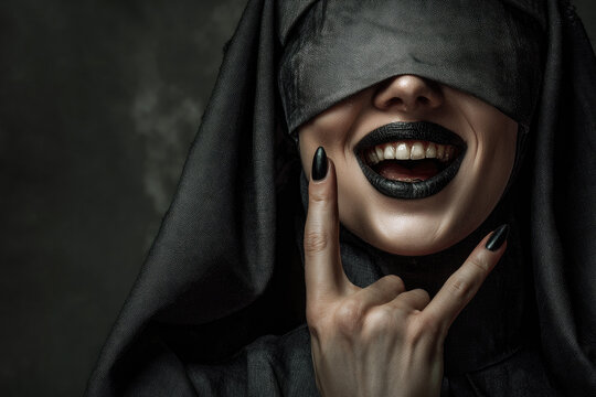 Woman with black lips is wearing nun clothes, depraved righteous woman. Image for Halloween.