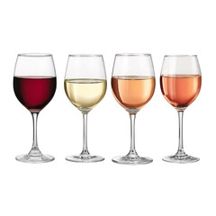 Four wine glasses with red white and rose wine red wine isolated on a transparent background