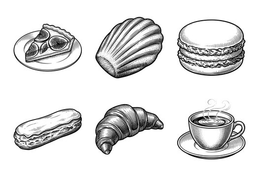 Vintage hand drawn engraving of french bakery pastries and espresso coffee collection including croissant macaron and eclair